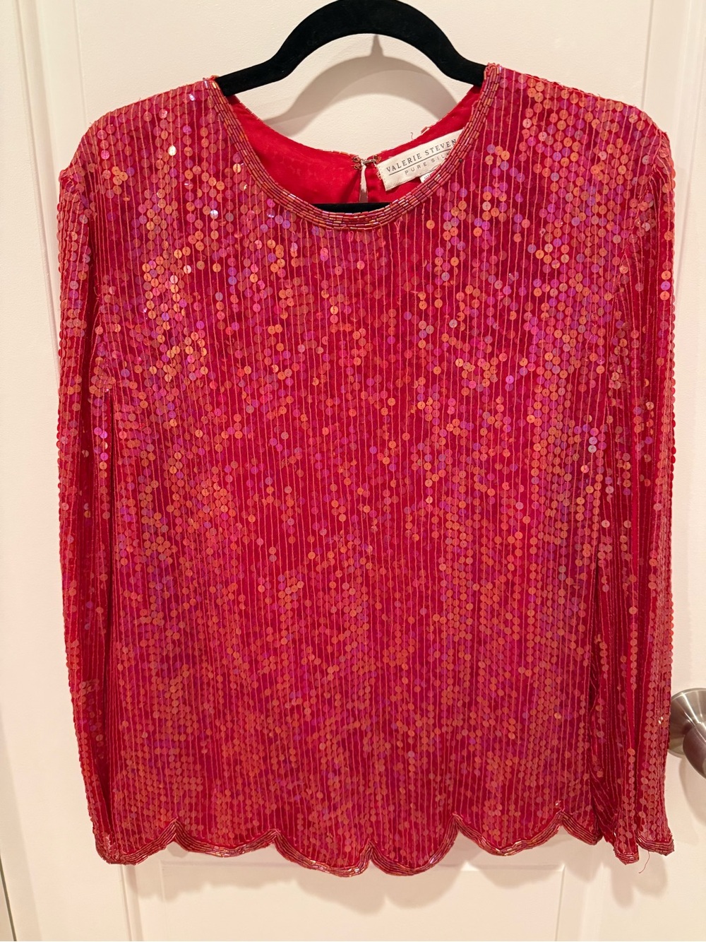 Valerie Stevens Pink-Red Sequin Long-Sleeve Top- 100% Silk